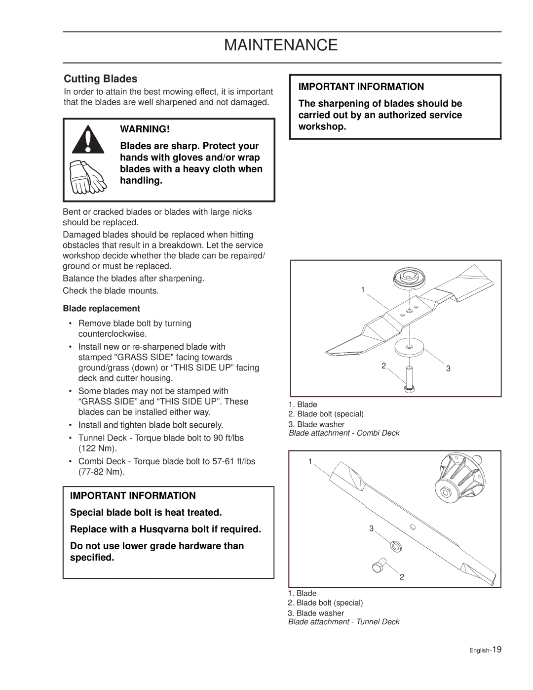 Husqvarna CD61B, TRD61L, TRD48i, TRD52i, CD61L, CD52i, CD52L, CD48i manual Cutting Blades, Blade replacement 