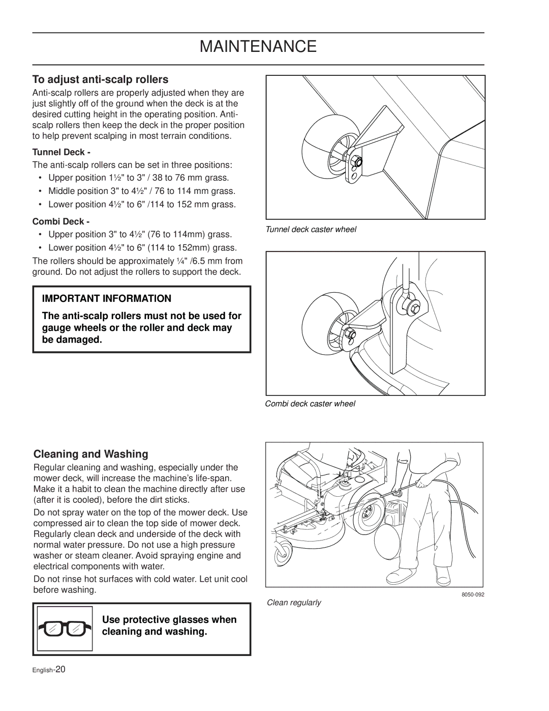 Husqvarna CD61L, TRD61L, TRD48i, TRD52i, CD61B To adjust anti-scalp rollers, Cleaning and Washing, Tunnel Deck, Combi Deck 