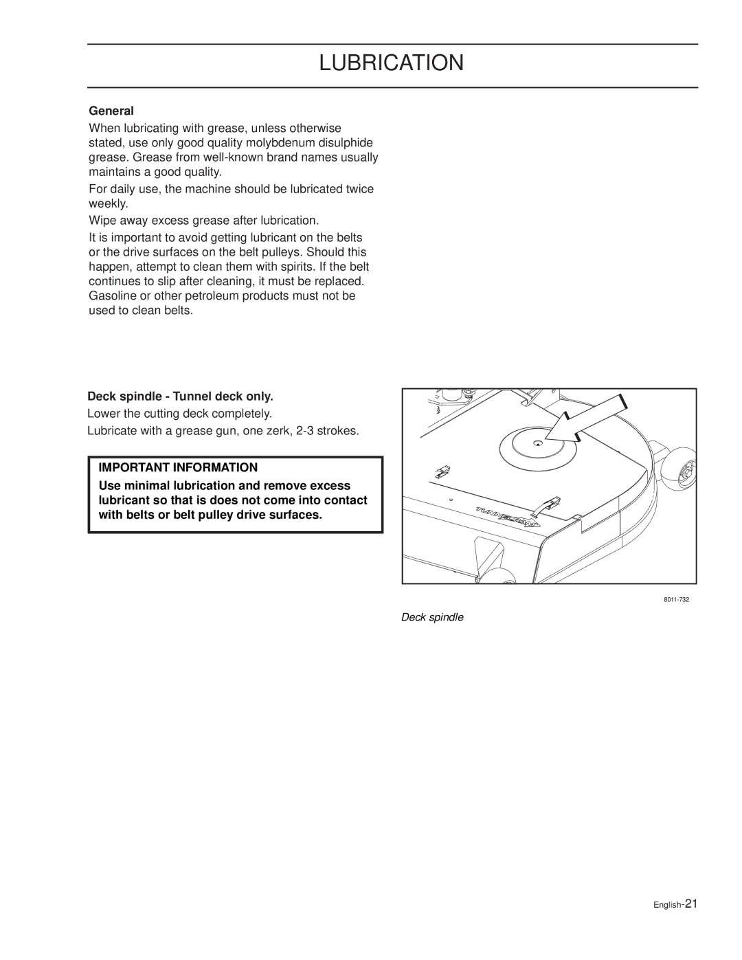 Husqvarna CD52i, TRD61L, TRD48i, TRD52i, CD61B, CD61L, CD52L, CD48i manual Lubrication, General, Deck spindle Tunnel deck only 