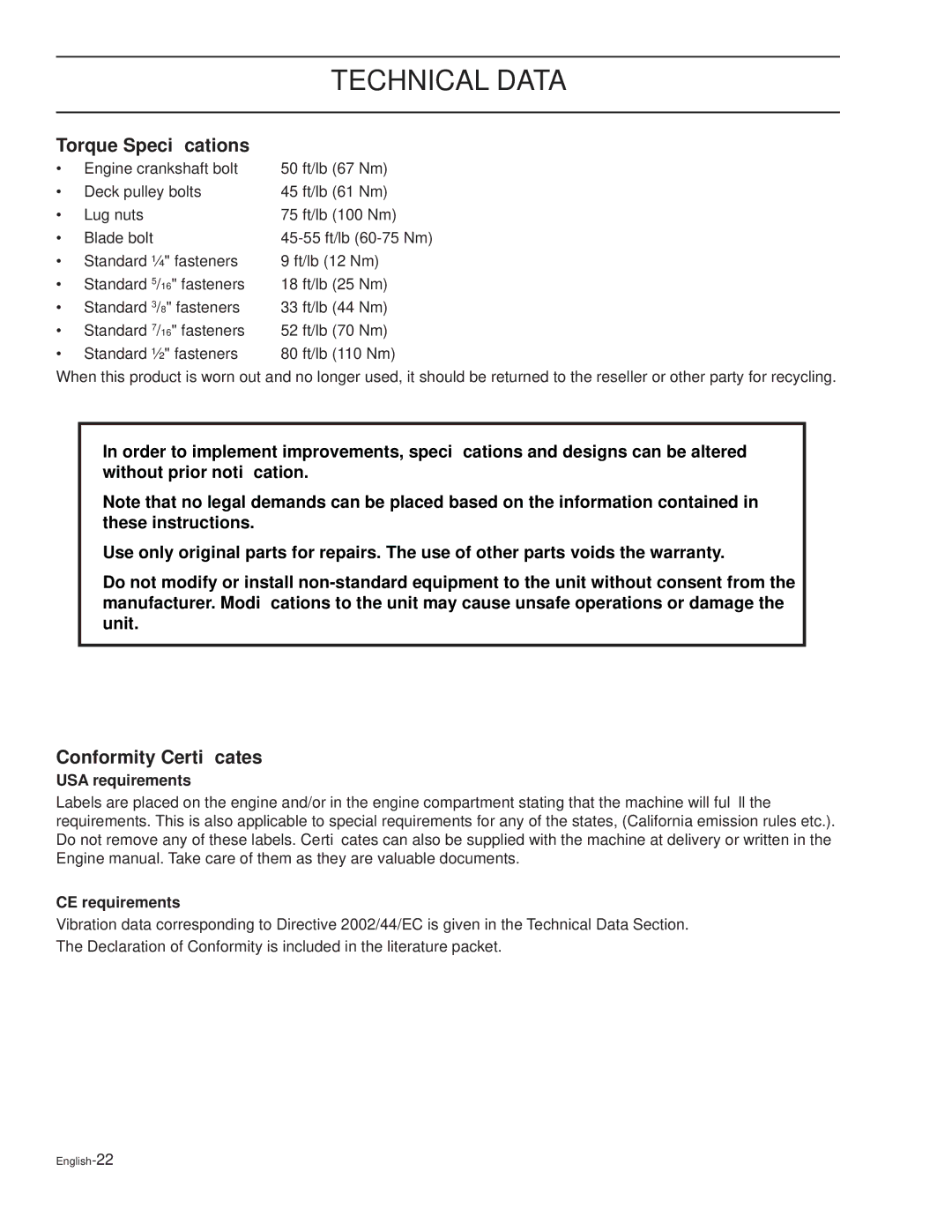 Husqvarna CD52L, TRD61L Technical Data, Torque Speciﬁcations, Conformity Certiﬁcates, USA requirements, CE requirements 