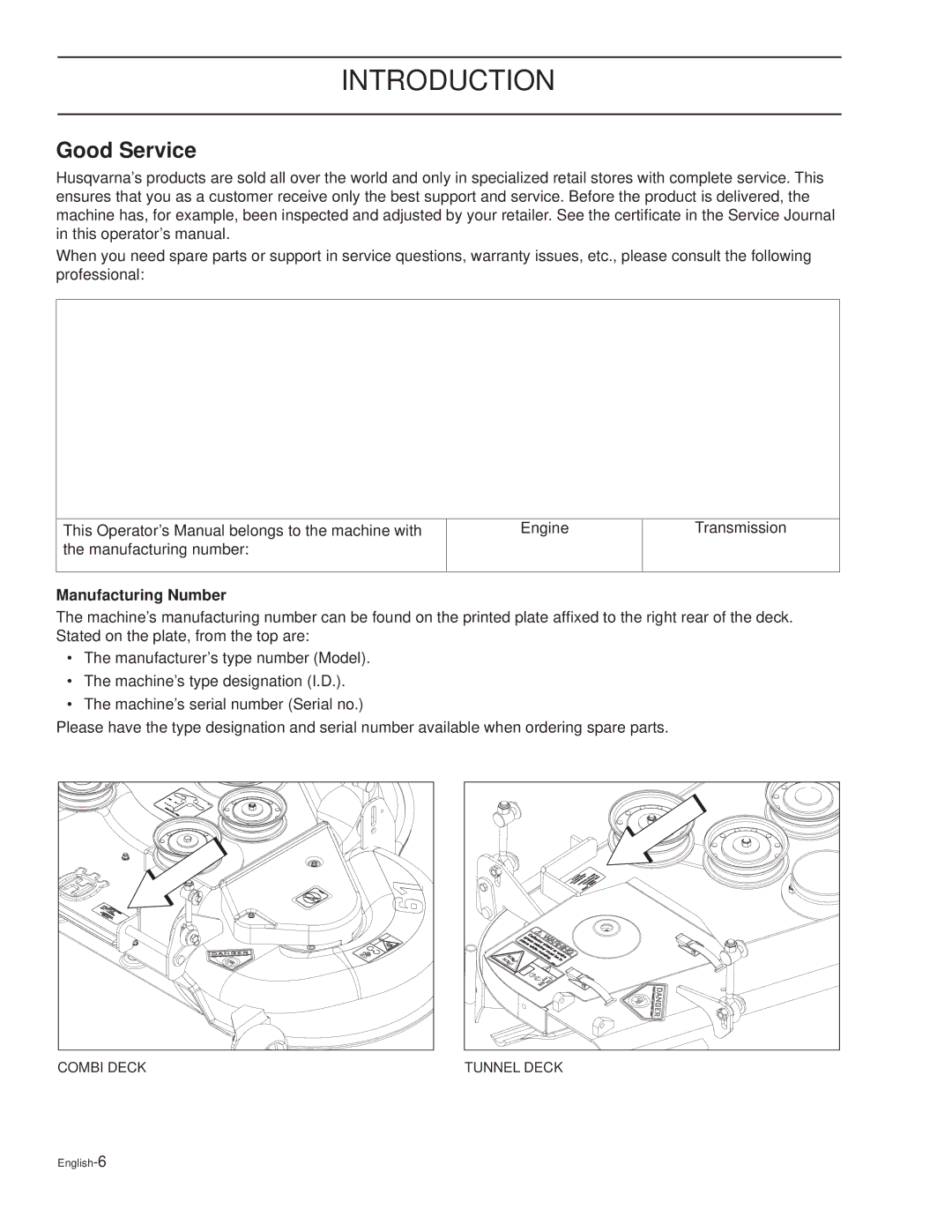 Husqvarna CD52L, TRD61L, TRD48i, TRD52i, CD61B, CD61L, CD52i, CD48i manual Good Service, Manufacturing Number 