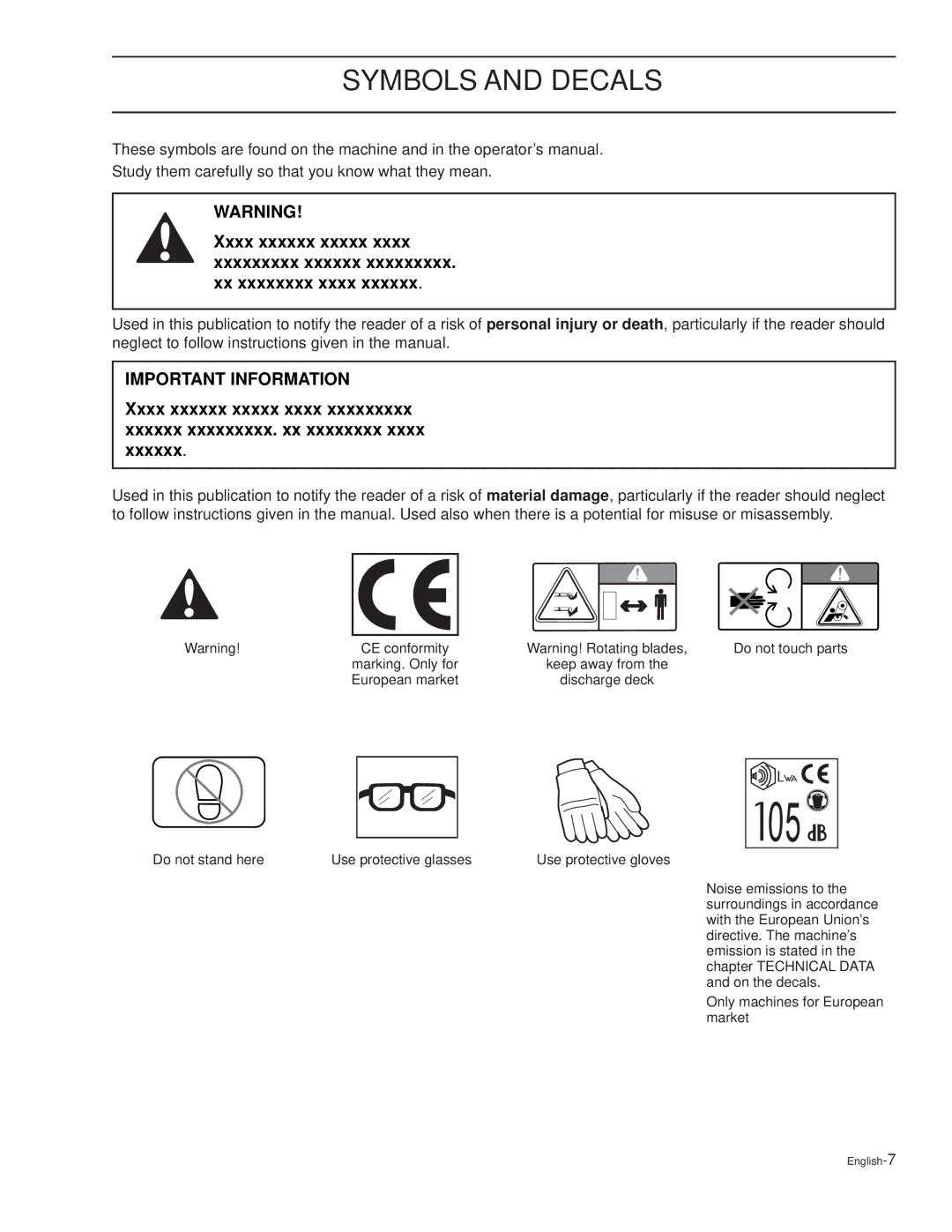 Husqvarna CD48i, TRD61L, TRD48i, TRD52i, CD61B, CD61L, CD52i, CD52L manual Symbols and Decals, Important Information 