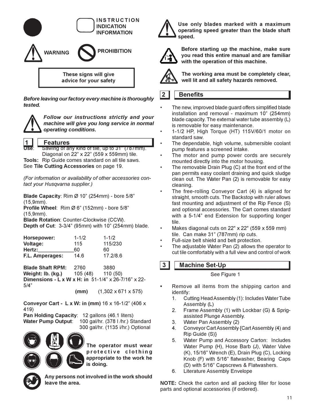 Husqvarna TS 250 XL manual Benefits, Machine Set-Up, S T R U C T I O N Indication Information 