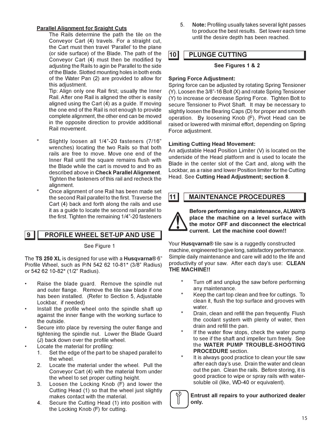 Husqvarna TS 250 XL manual Profile Wheel SET-UP and USE, Plunge Cutting, Maintenance Procedures, Machine 