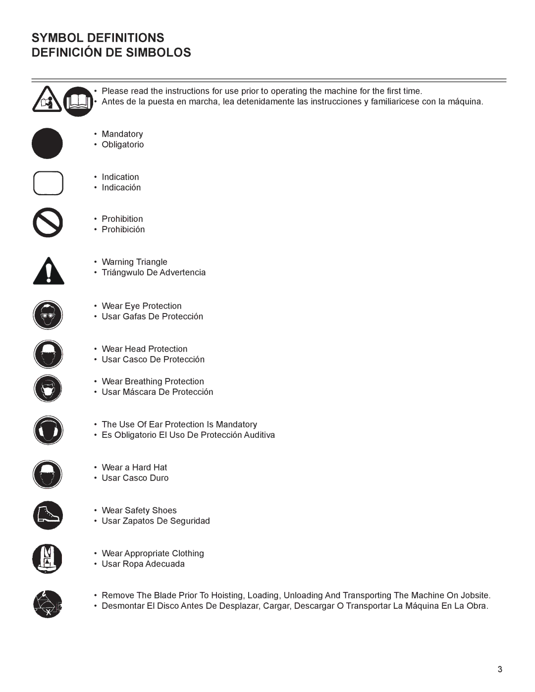 Husqvarna TS 355 manuel dutilisation Symbol Definitions Definición DE Simbolos 