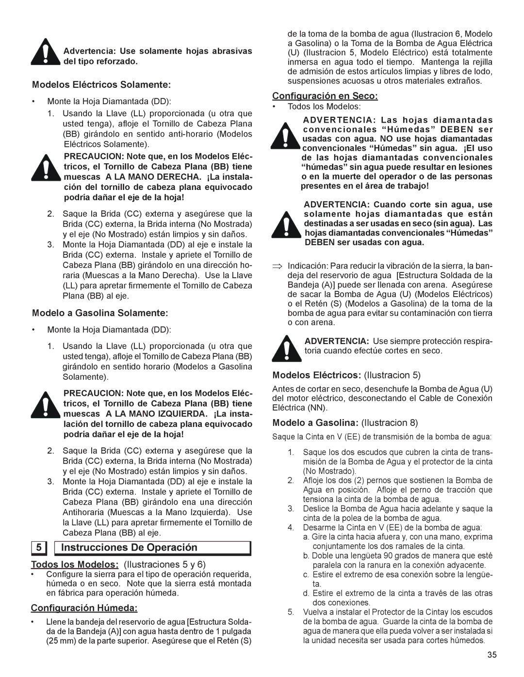 Husqvarna TS 355 Instrucciones De Operación, Advertencia Use solamente hojas abrasivas del tipo reforzado 