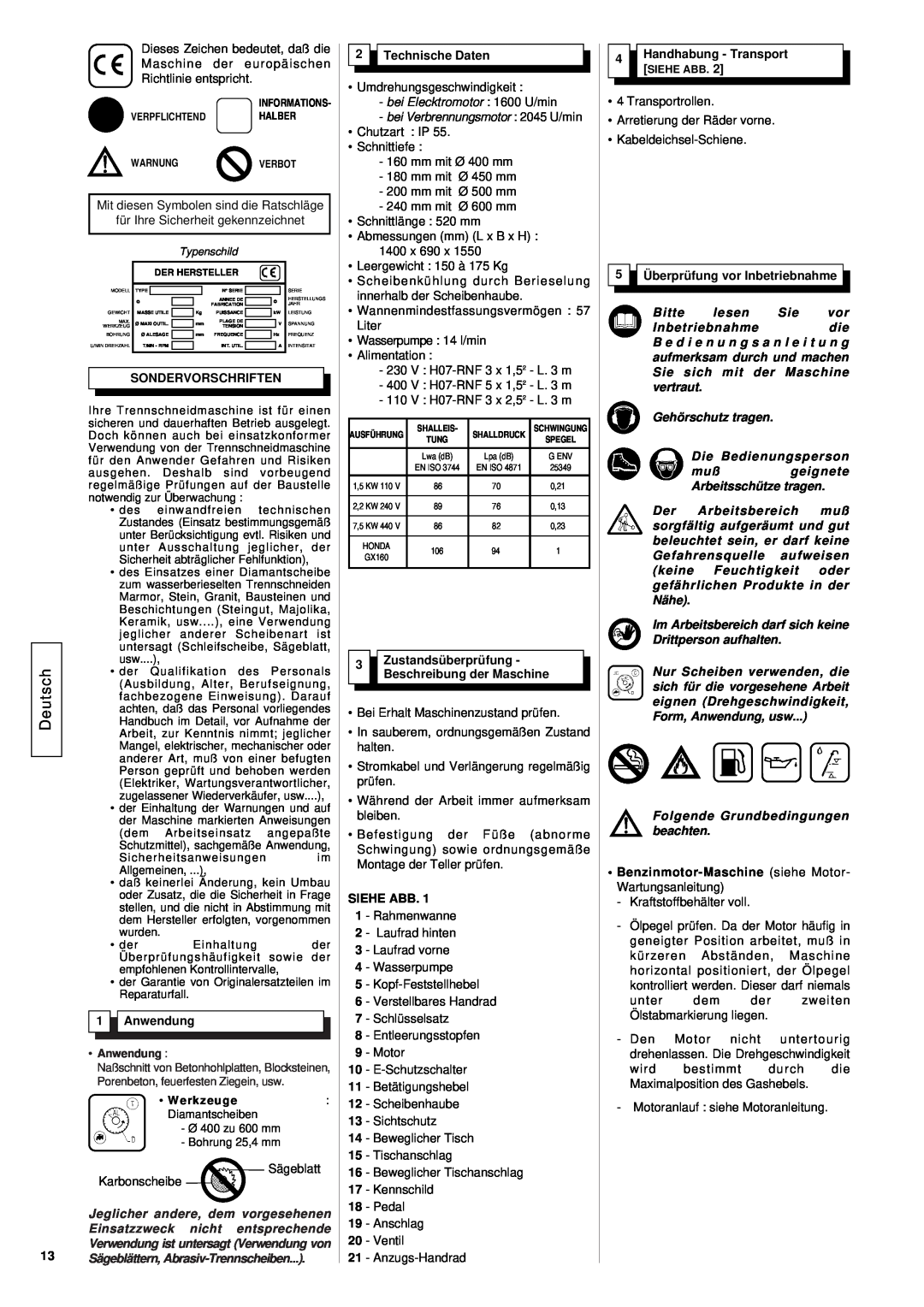 Husqvarna TS 600 M Deutsch, Sondervorschriften, Anwendung, Technische Daten, Siehe Abb, Handhabung - Transport SIEHE ABB 