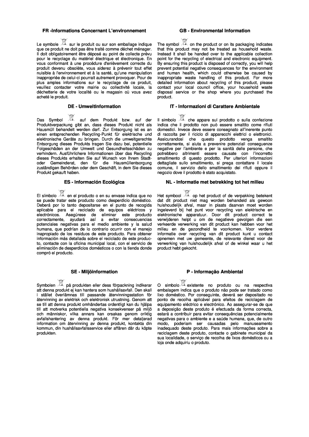 Husqvarna TS 600 M FR -Informations Concernant L’environnement, GB - Environmental Information, DE - Umweltinformation 