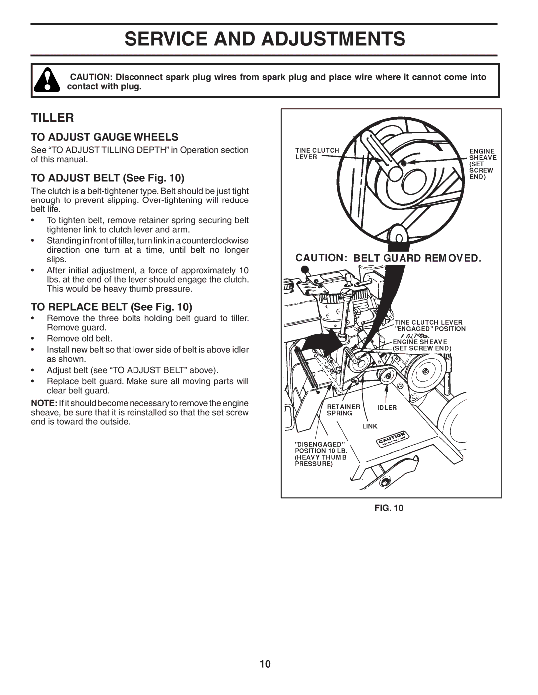 Husqvarna TS200FR Service and Adjustments, To Adjust Gauge Wheels, To Adjust Belt See Fig, To Replace Belt See Fig 