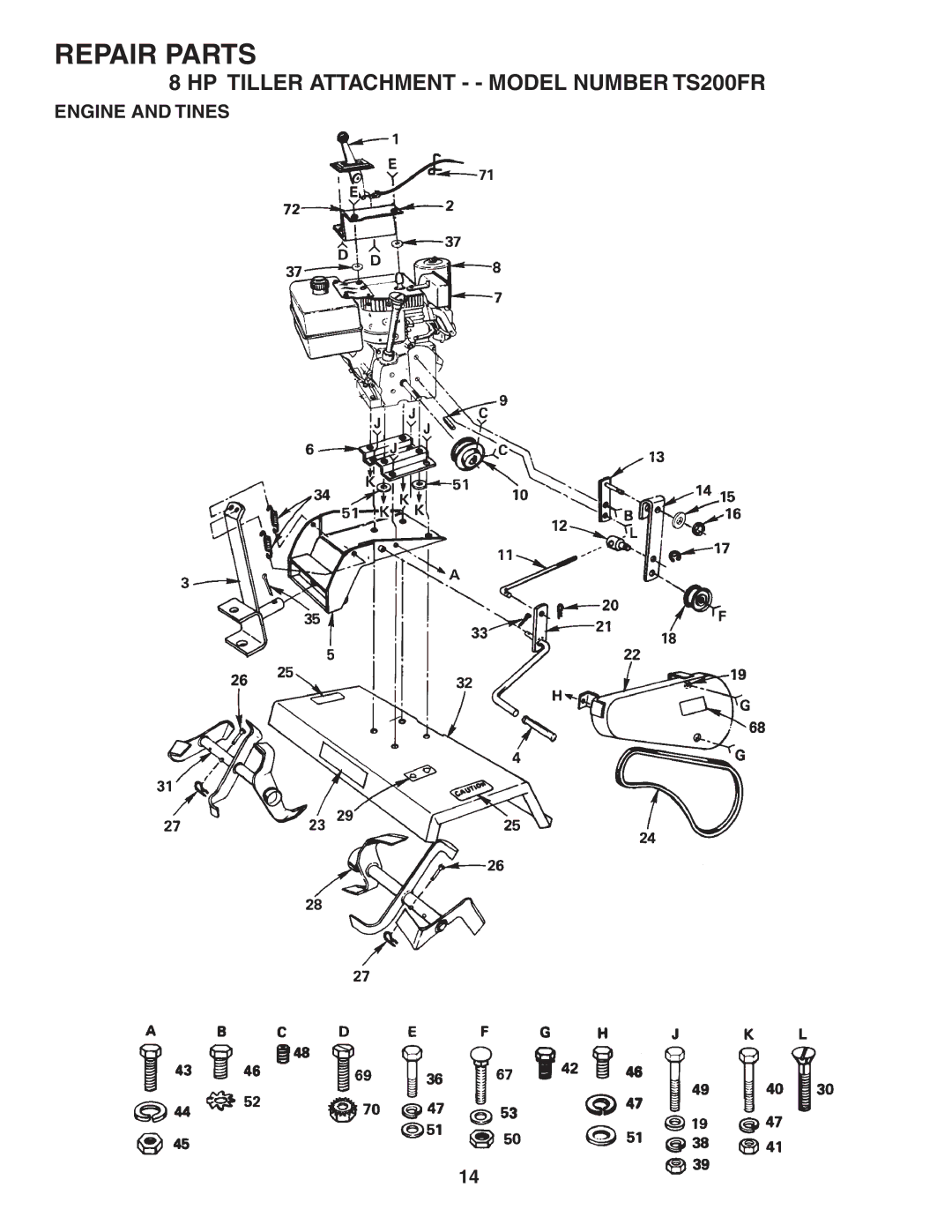 Husqvarna owner manual HP Tiller Attachment - Model Number TS200FR, Engine and Tines 