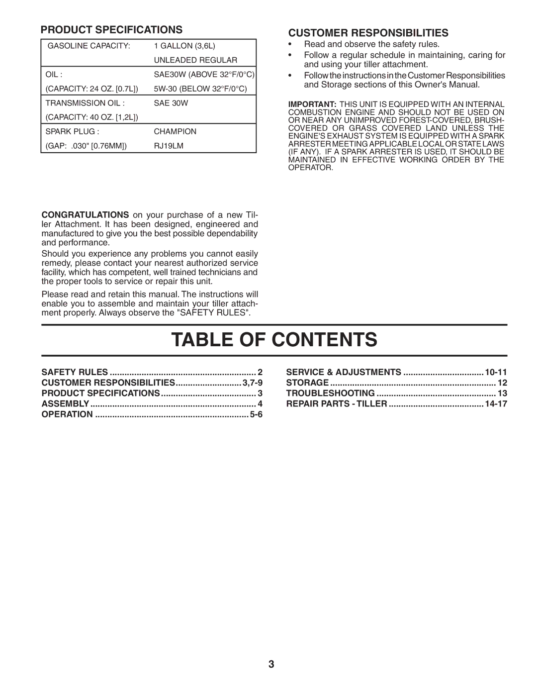 Husqvarna TS200FR owner manual Table of Contents 