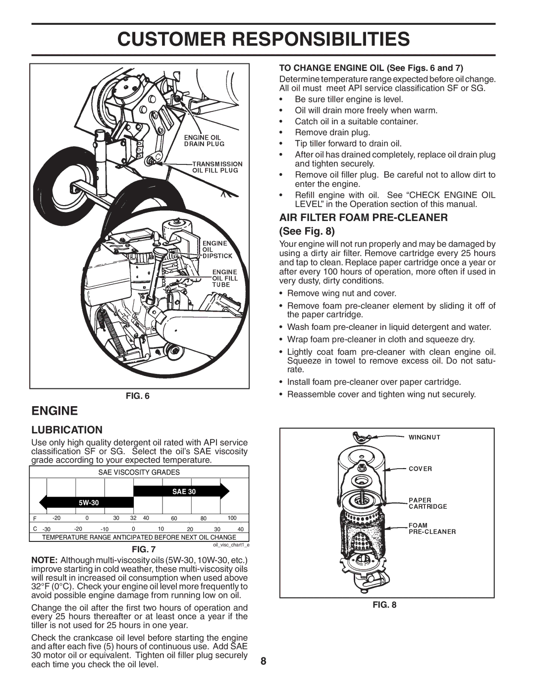 Husqvarna TS200FR owner manual Engine, Lubrication, AIR Filter Foam PRE-CLEANER See Fig 