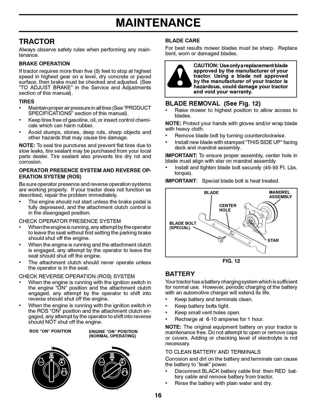 Husqvarna TS300-E3 manual Tractor, Blade Removal See Fig, Battery 