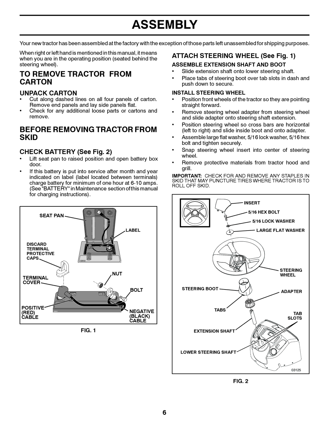 Husqvarna TS300-E3 manual Assembly, To Remove Tractor from Carton, Before Removing Tractor from Skid, Unpack Carton 