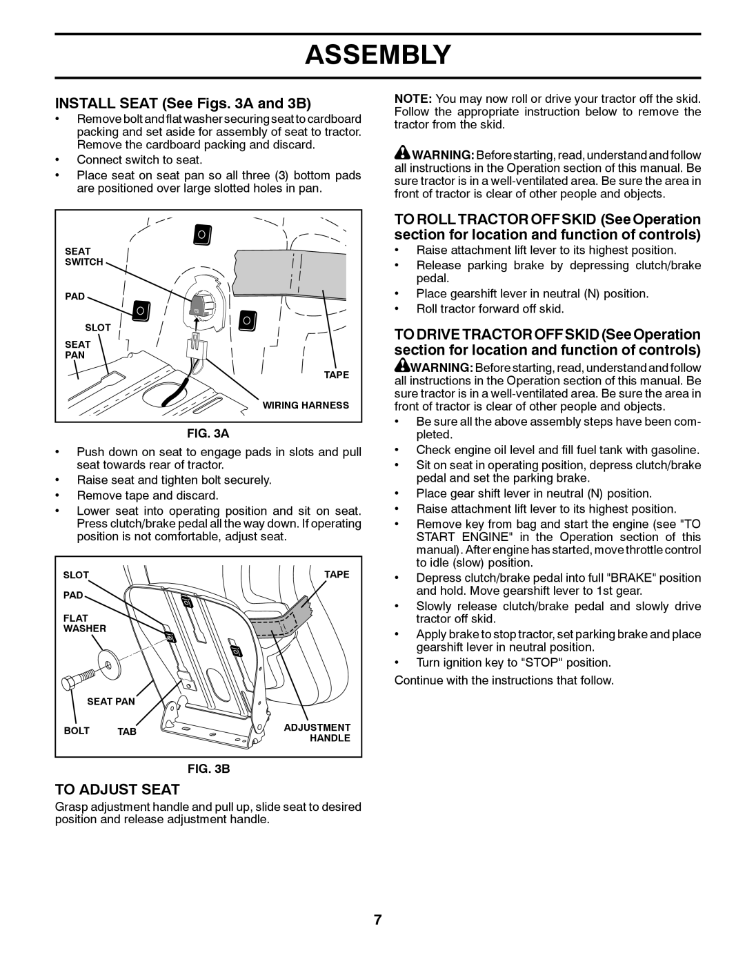 Husqvarna TS300-E3 manual INSTALL SEAT See Figs. 3A and 3B, To Adjust Seat, Assembly 