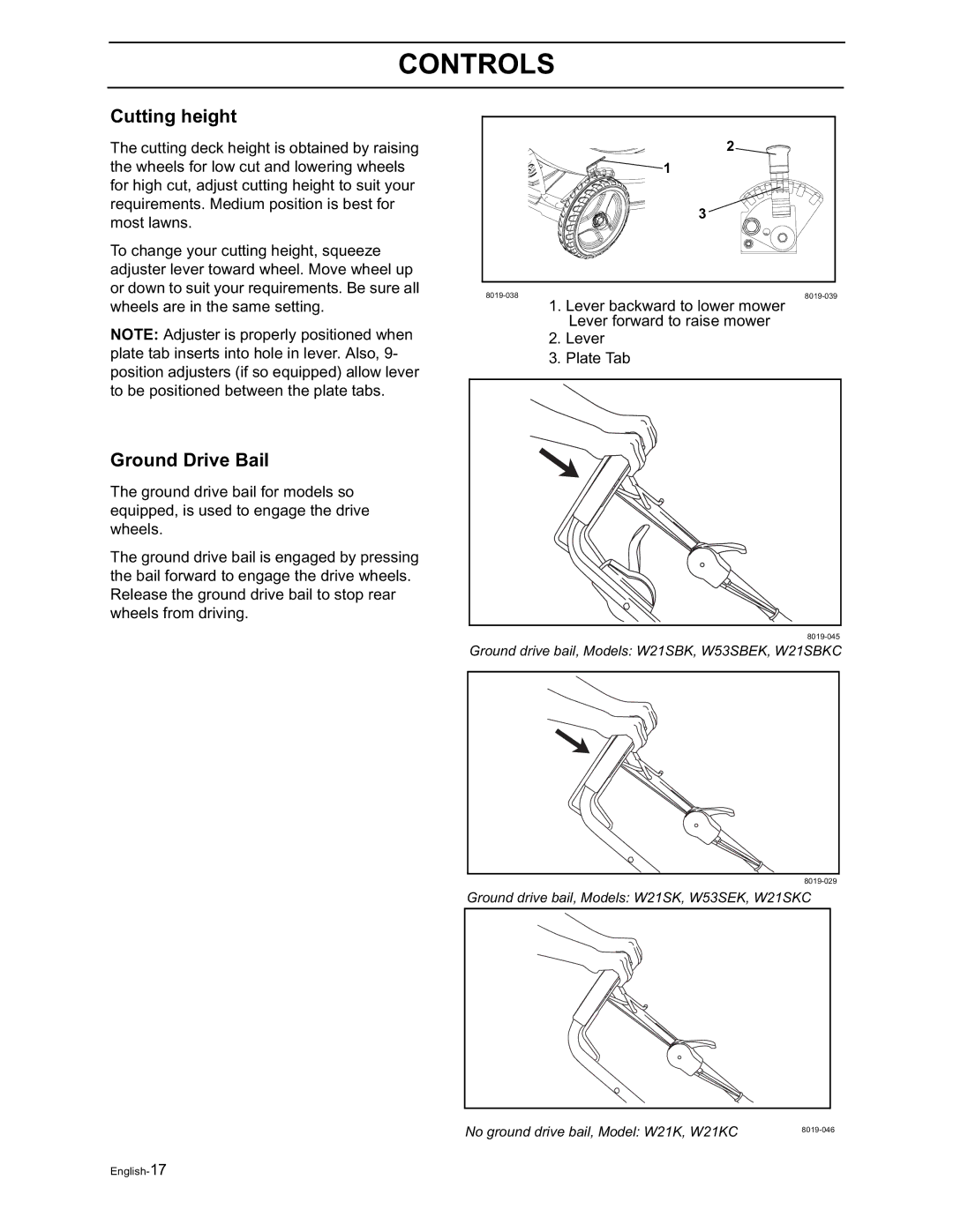 Husqvarna W21K, W21SK, W21SBK, W53SBEK, W53SEK, W21KC, W21SKC, W21SBKC manual Cutting height, Ground Drive Bail 