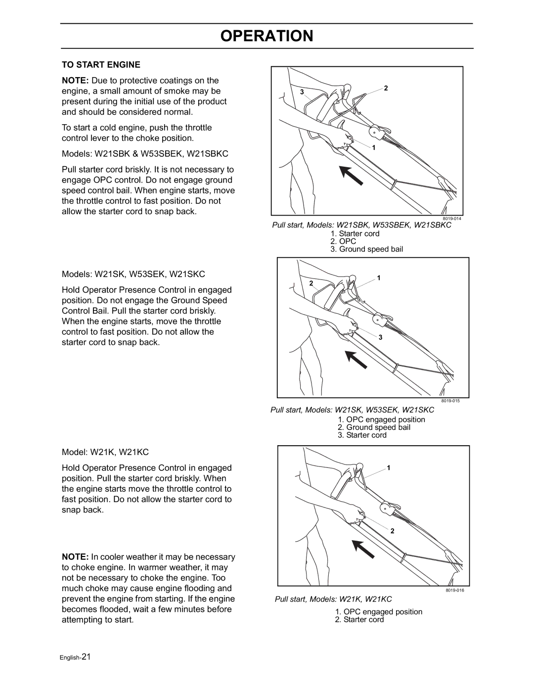 Husqvarna W21K, W21SK, W21SBK, W53SBEK, W53SEK, W21KC, W21SKC, W21SBKC manual To Start Engine 