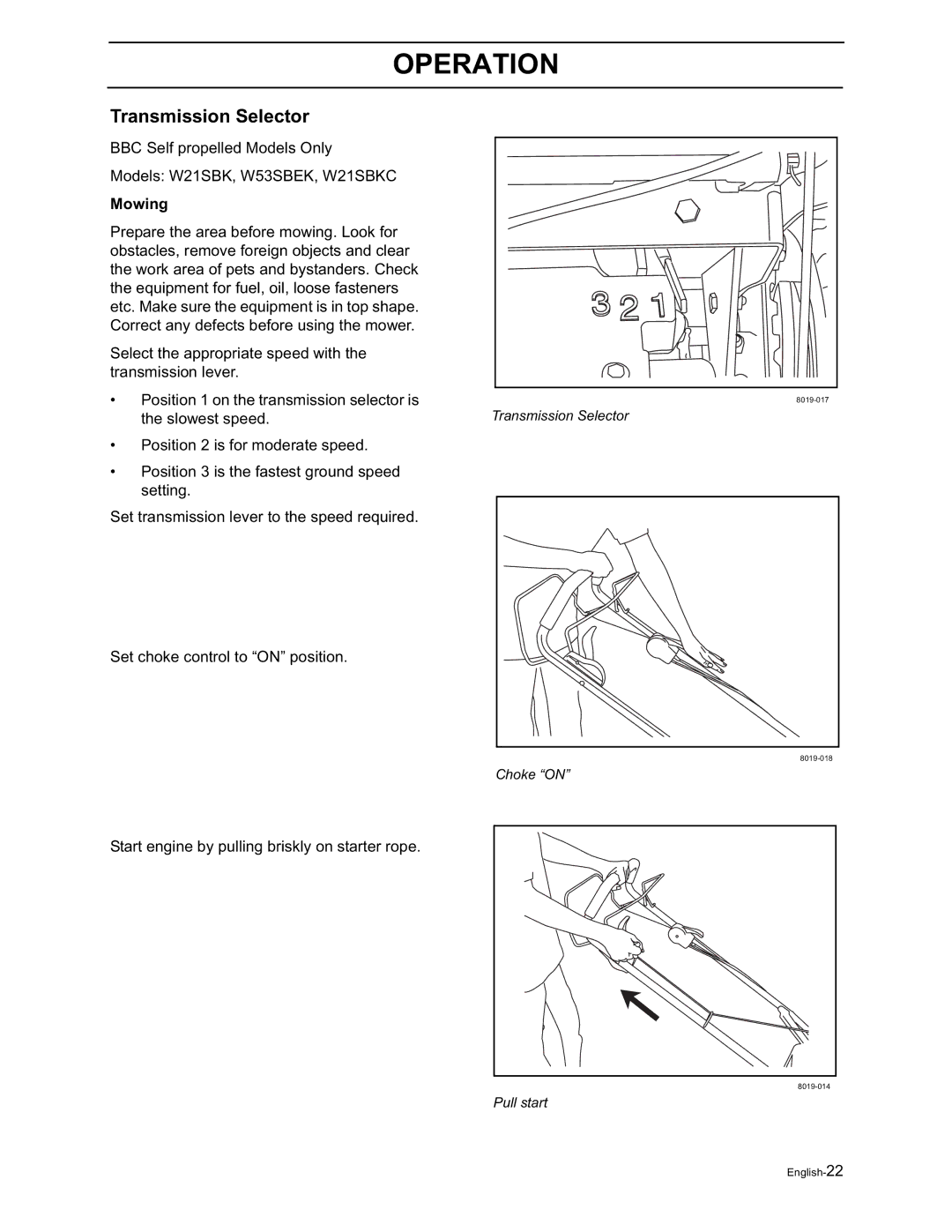 Husqvarna W21K, W21SK, W21SBK, W53SBEK, W53SEK, W21KC, W21SKC, W21SBKC manual Transmission Selector, Mowing 