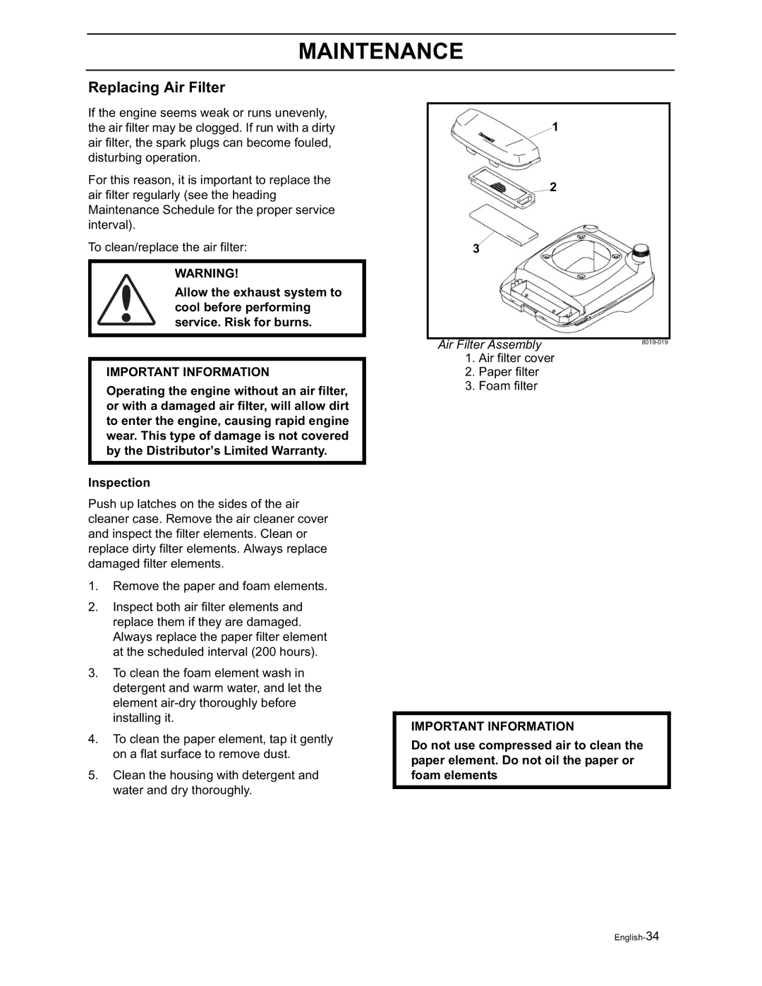 Husqvarna W21K, W21SK, W21SBK, W53SBEK, W53SEK, W21KC, W21SKC, W21SBKC manual Replacing Air Filter, Inspection 