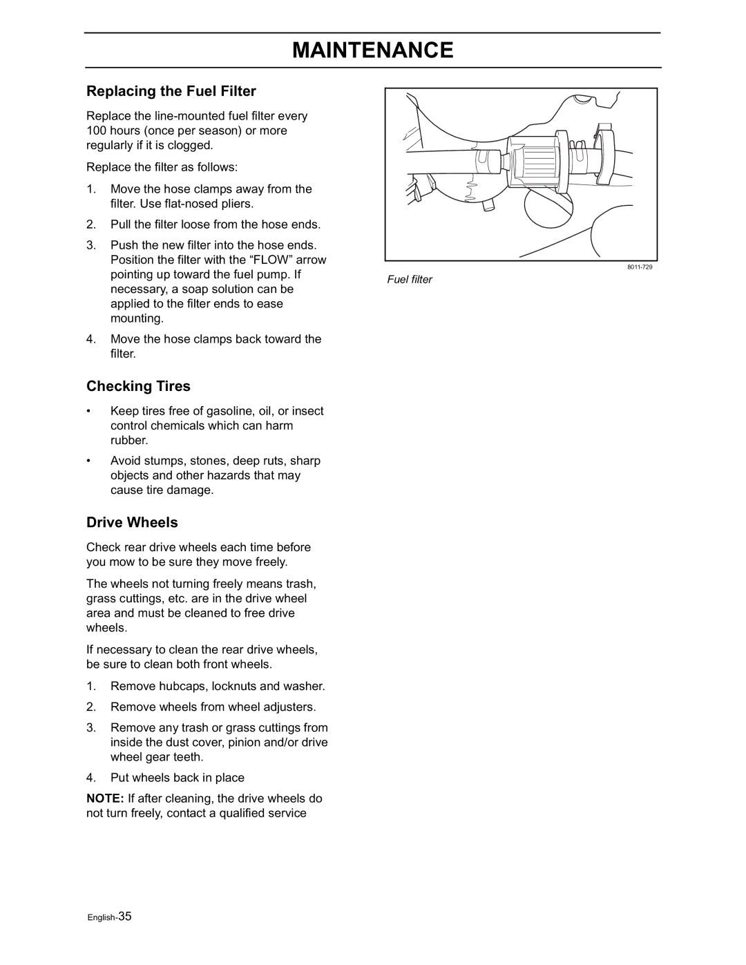 Husqvarna W21K, W21SK, W21SBK, W53SBEK, W53SEK, W21KC, W21SKC, W21SBKC manual Replacing the Fuel Filter, Checking Tires 