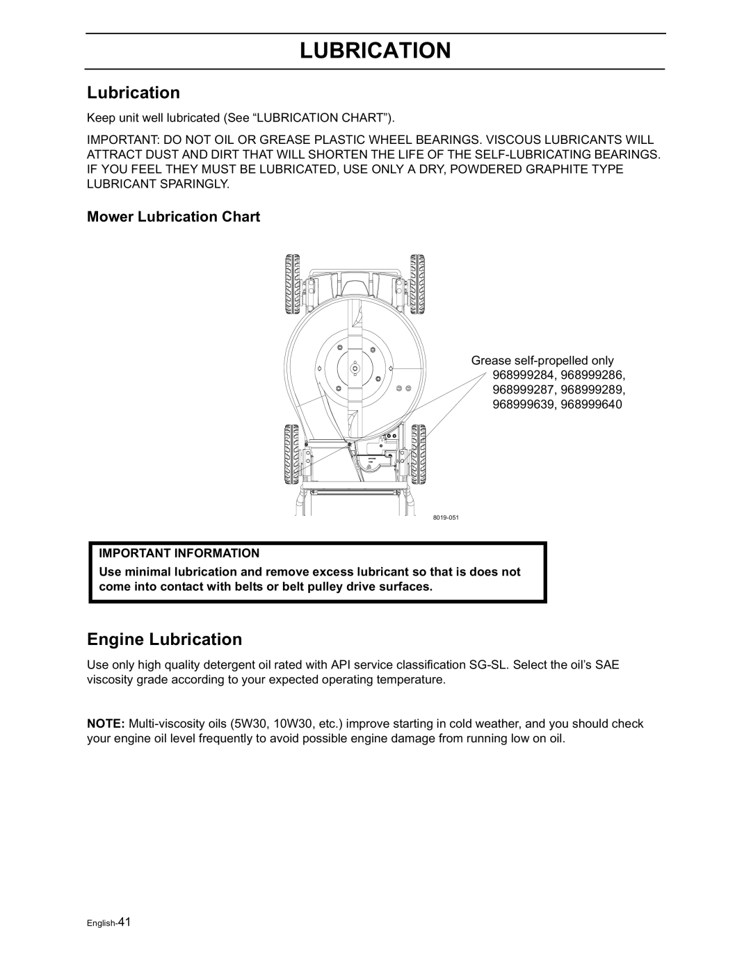 Husqvarna W21K, W21SK, W21SBK, W53SBEK, W53SEK, W21KC, W21SKC, W21SBKC Engine Lubrication, Mower Lubrication Chart 