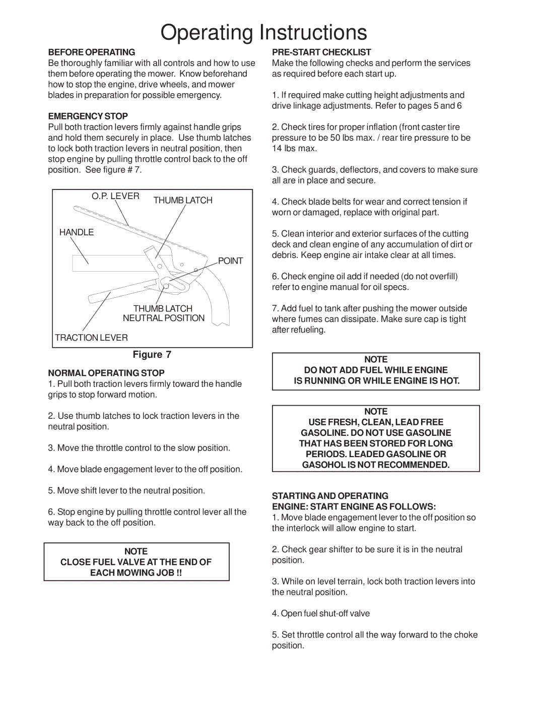 Husqvarna W4815 manual Operating Instructions, Before Operating, Emergency Stop, Normal Operating Stop, PRE-START Checklist 