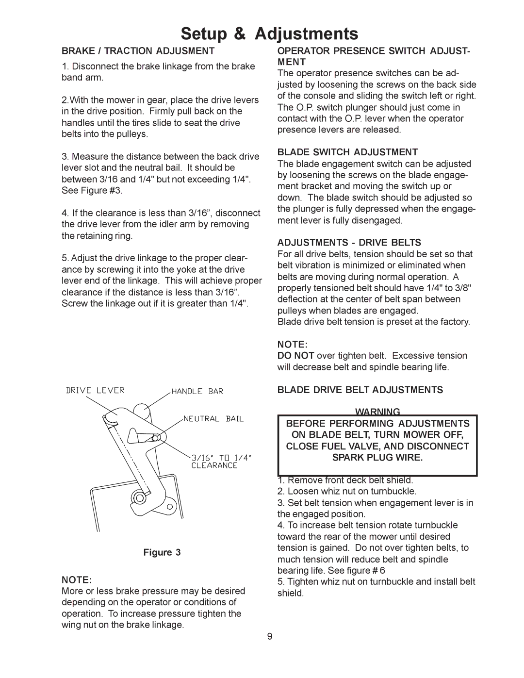 Husqvarna W3613ETS, W4815ETS Brake / Traction Adjusment, Operator Presence Switch ADJUST- Ment, Blade Switch Adjustment 