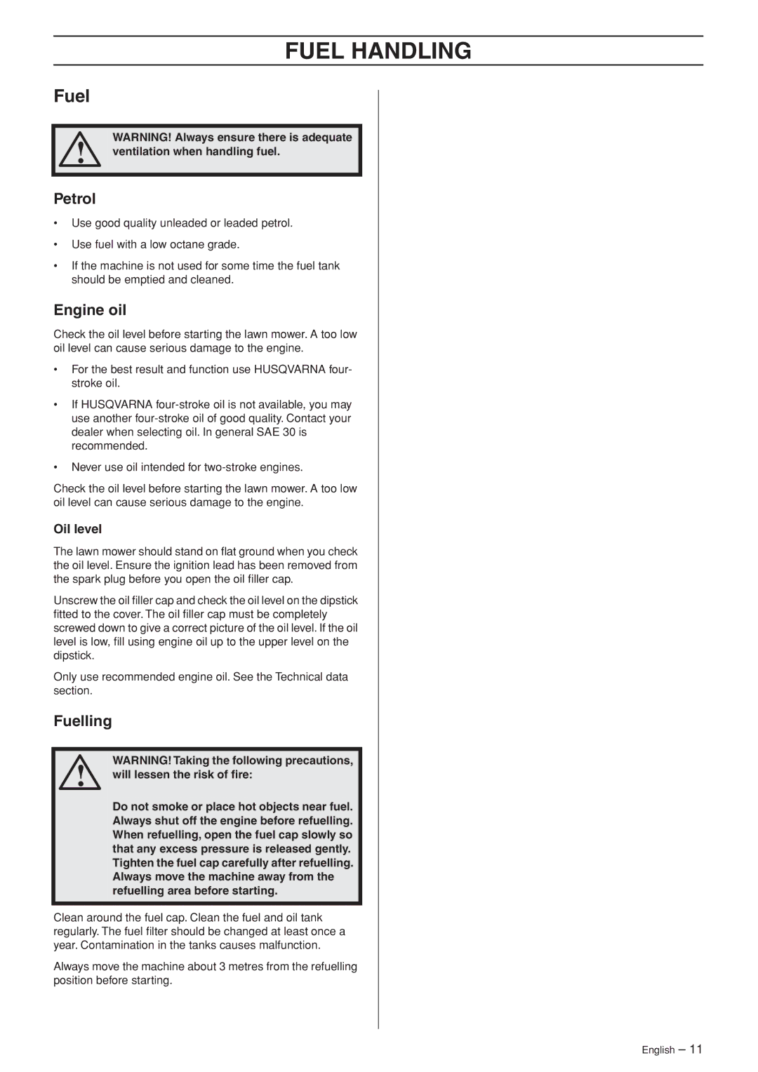 Husqvarna WB48S e, WB53S e manuel dutilisation Fuel Handling, Petrol, Engine oil, Fuelling 