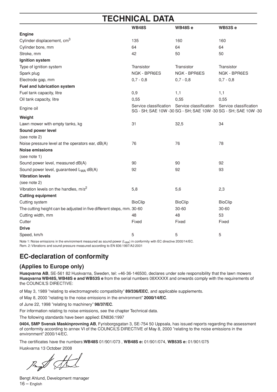 Husqvarna WB53S e, WB48S e manuel dutilisation Technical Data, EC-declaration of conformity, Applies to Europe only 