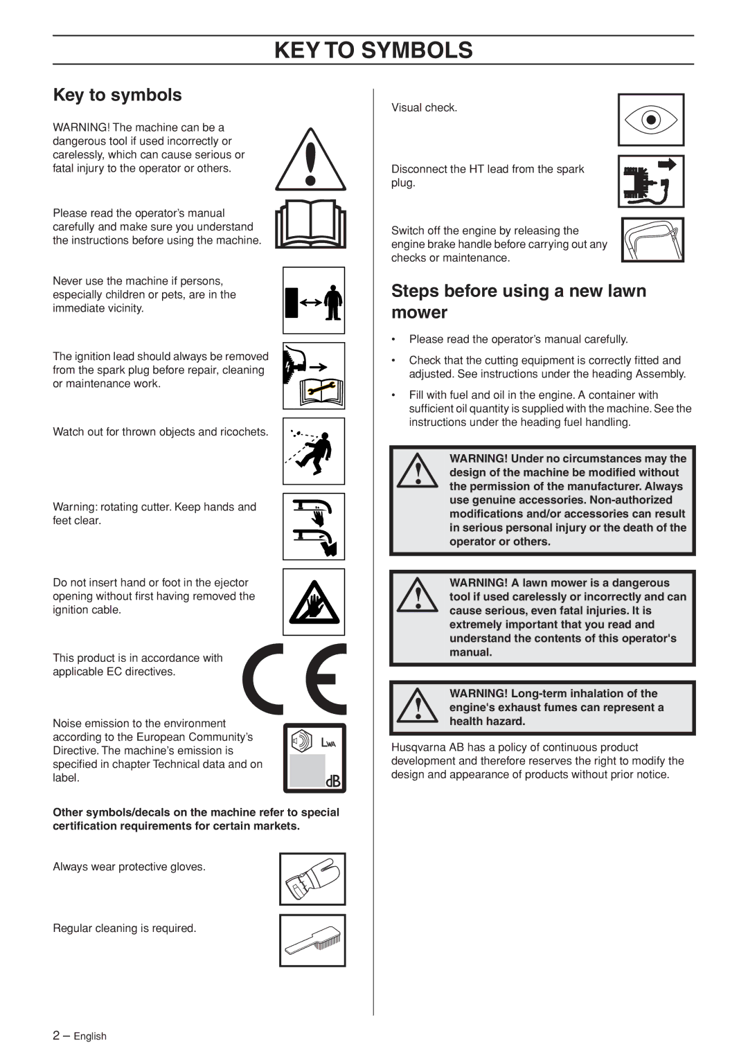 Husqvarna WB48S e, WB53S e manuel dutilisation KEY to Symbols, Key to symbols, Steps before using a new lawn mower 