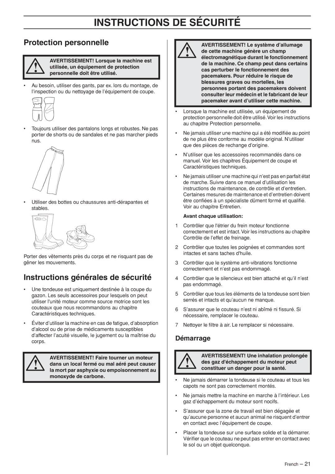 Husqvarna WB53S e, WB48S Instructions DE Sécurité, Protection personnelle, Instructions générales de sécurité, Démarrage 