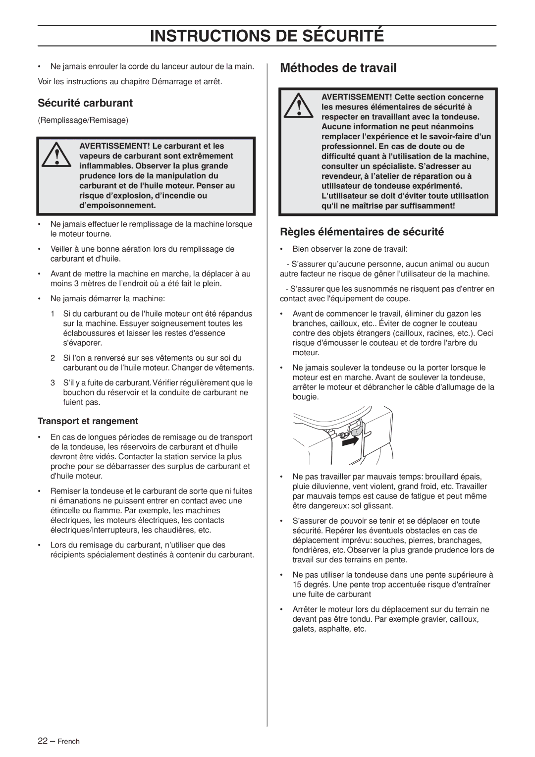 Husqvarna WB48S, WB53S e Méthodes de travail, Sécurité carburant, Règles élémentaires de sécurité, Transport et rangement 