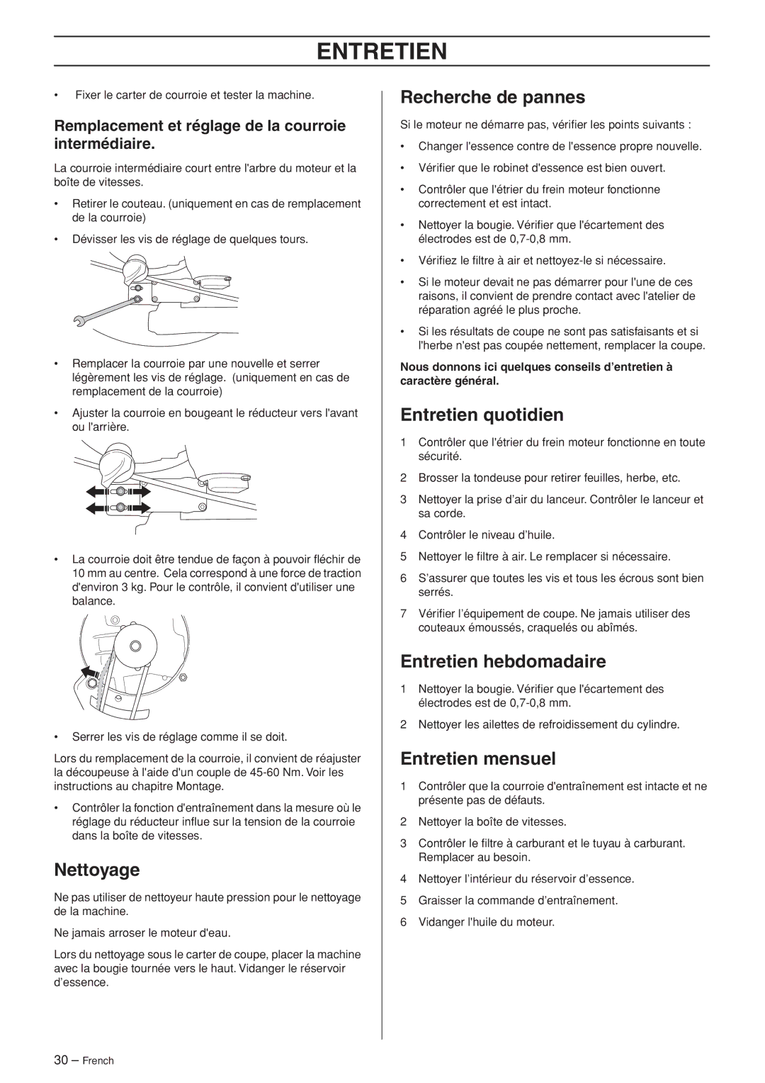 Husqvarna WB53S e, WB48S Nettoyage, Recherche de pannes, Entretien quotidien, Entretien hebdomadaire, Entretien mensuel 