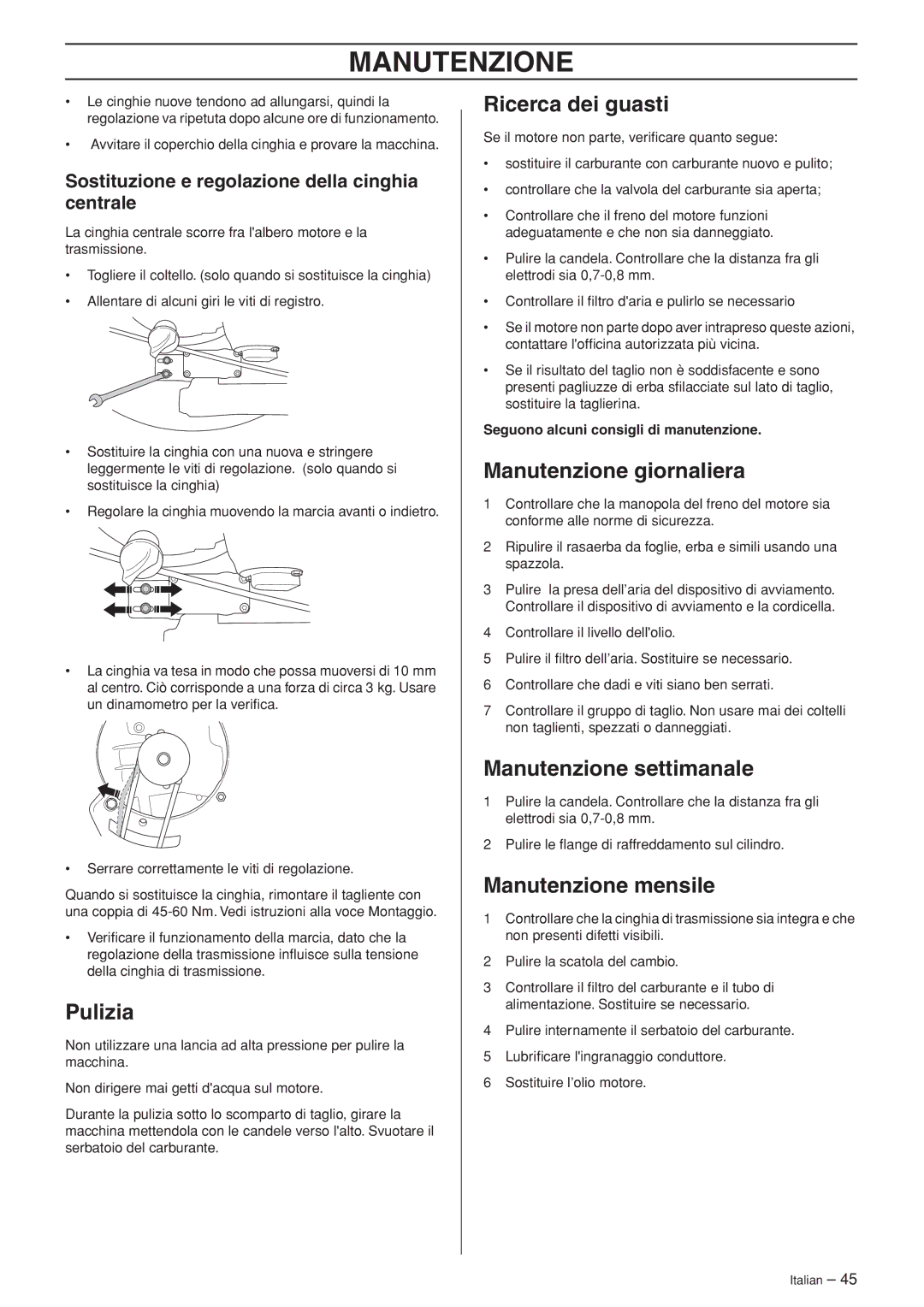 Husqvarna WB53S e Pulizia, Ricerca dei guasti, Manutenzione giornaliera, Manutenzione settimanale, Manutenzione mensile 