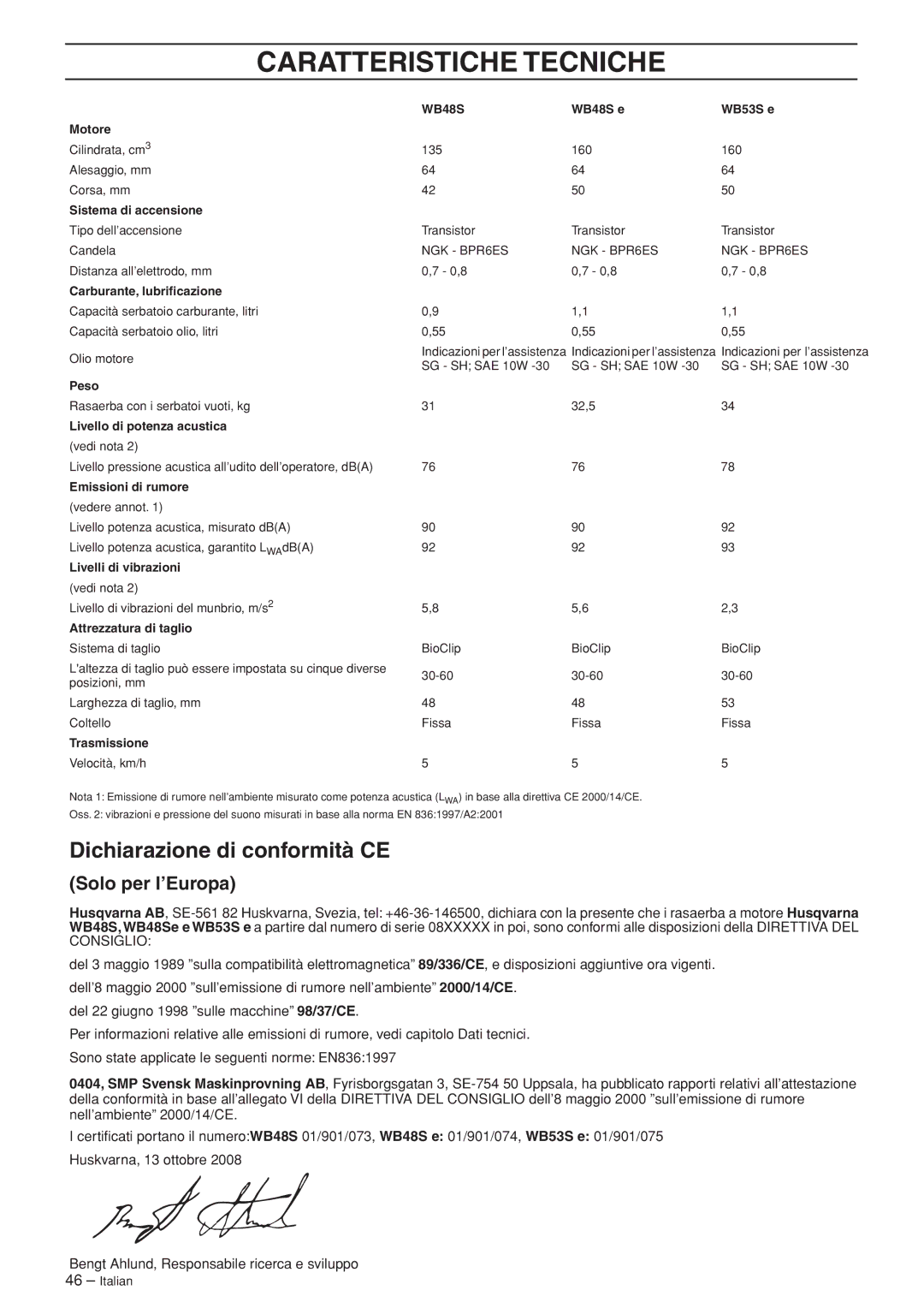 Husqvarna WB53S e, WB48S e Caratteristiche Tecniche, Dichiarazione di conformità CE, Solo per l’Europa 
