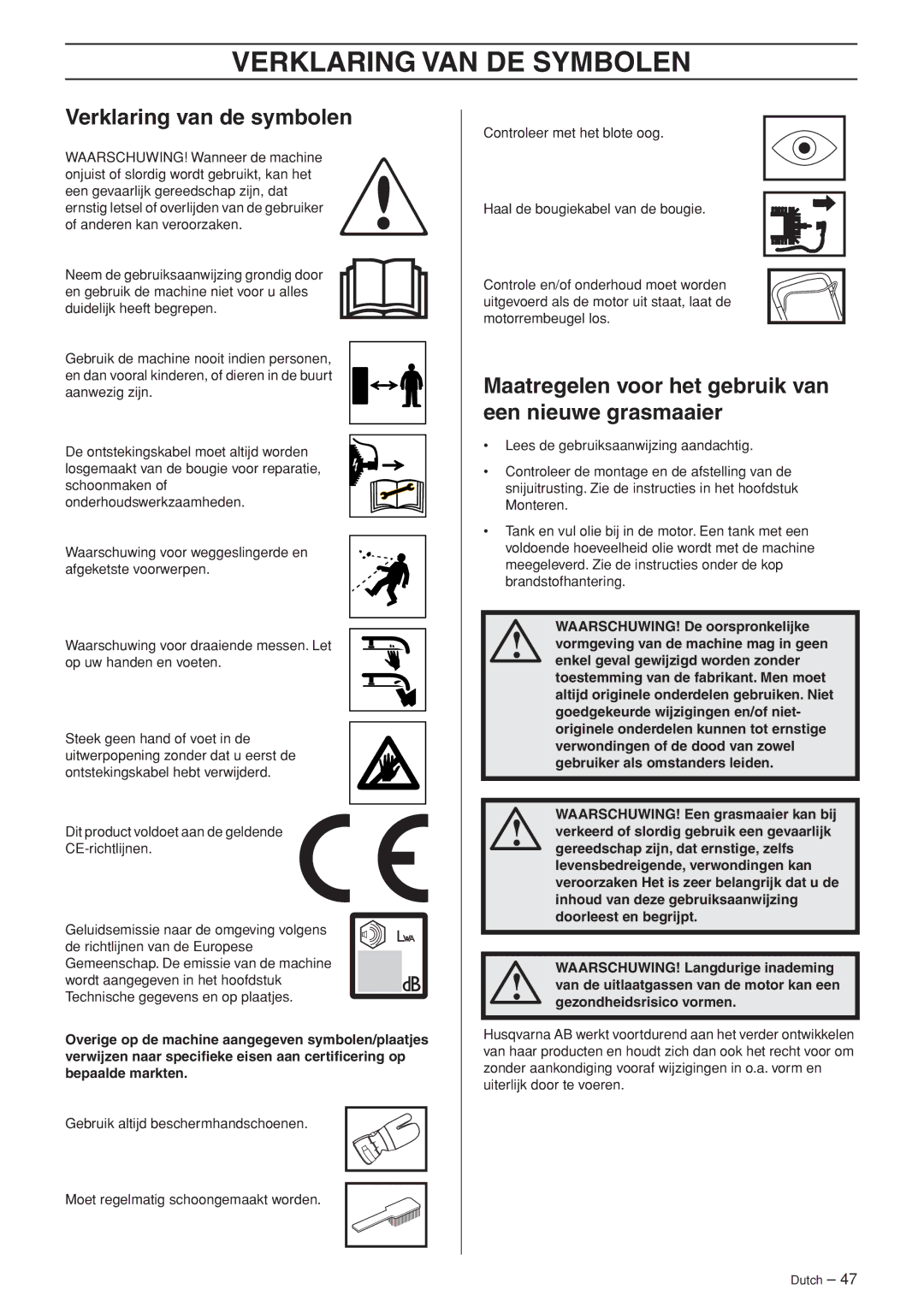 Husqvarna WB48S e, WB53S e manuel dutilisation Verklaring VAN DE Symbolen, Verklaring van de symbolen 