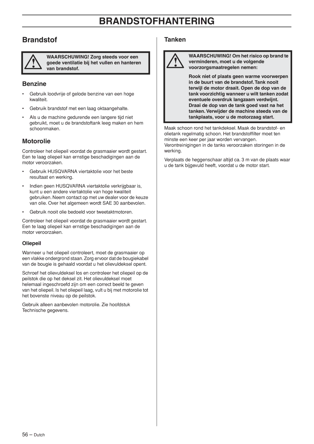 Husqvarna WB48S e, WB53S e manuel dutilisation Brandstofhantering, Benzine, Motorolie, Tanken 