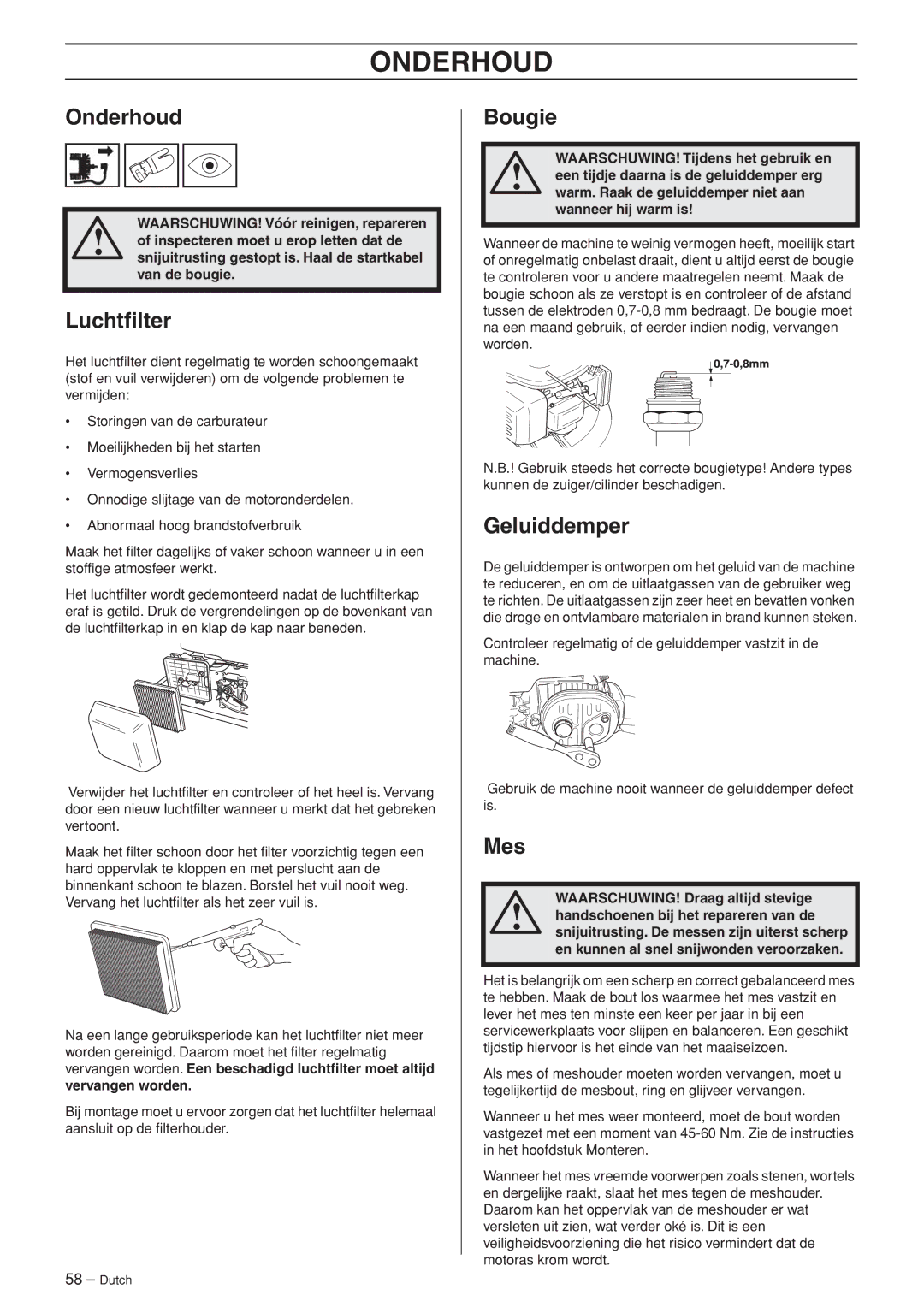 Husqvarna WB53S e, WB48S e manuel dutilisation Onderhoud, Luchtﬁlter, Geluiddemper, Mes 