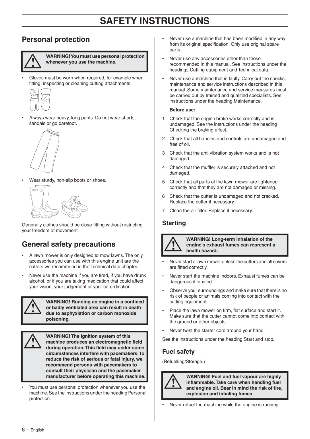 Husqvarna WB53S e, WB48S Safety Instructions, Personal protection, General safety precautions, Starting, Fuel safety 