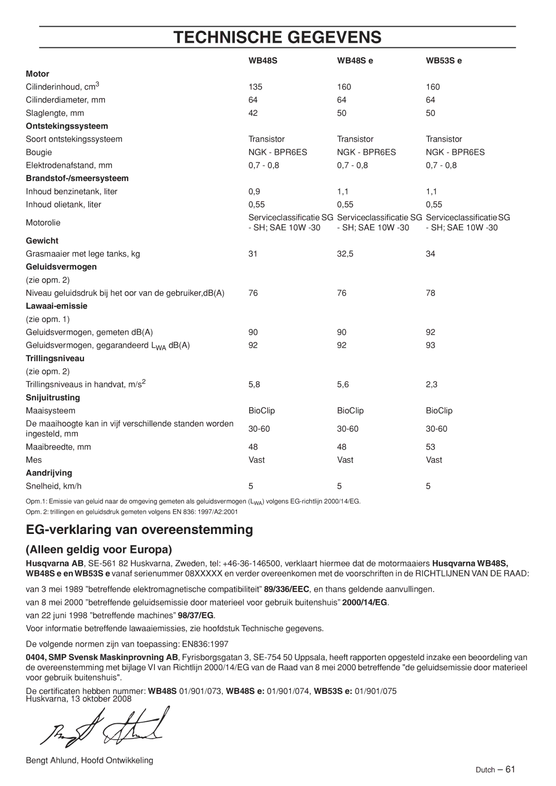 Husqvarna WB53S e, WB48S e Technische Gegevens, EG-verklaring van overeenstemming, Alleen geldig voor Europa 