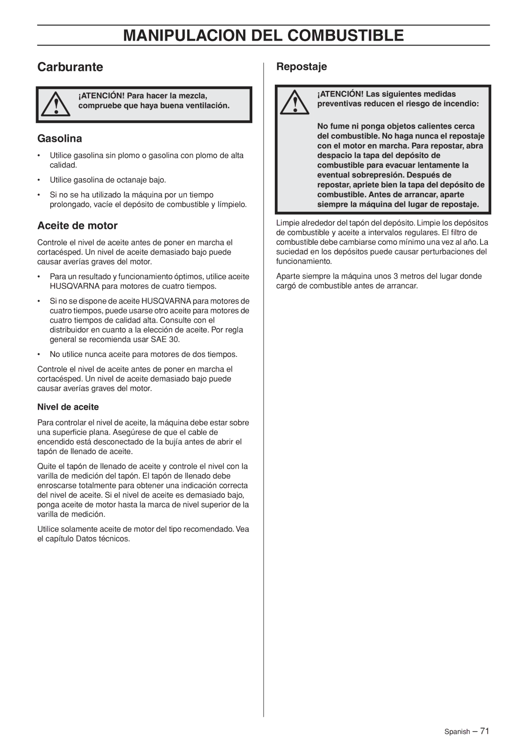 Husqvarna WB48S e, WB53S e Manipulacion DEL Combustible, Gasolina, Aceite de motor, Repostaje, Nivel de aceite 