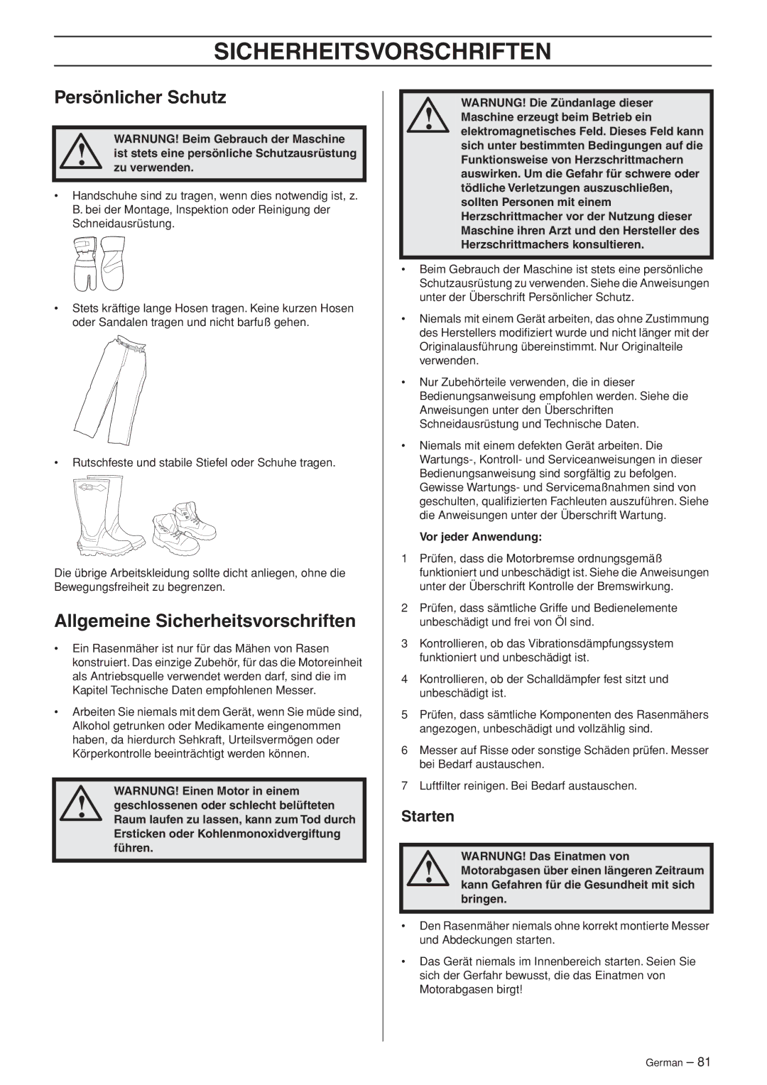 Husqvarna WB53S e, WB48S e Persönlicher Schutz, Allgemeine Sicherheitsvorschriften, Vor jeder Anwendung 