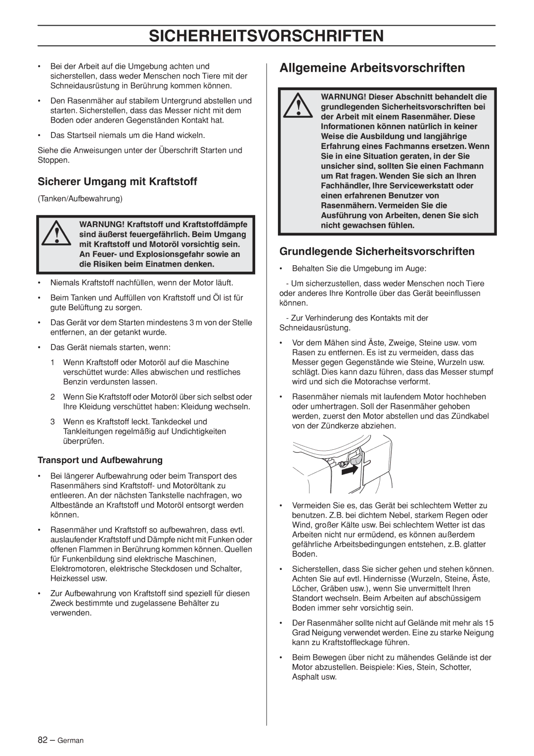 Husqvarna WB48S Allgemeine Arbeitsvorschriften, Sicherer Umgang mit Kraftstoff, Grundlegende Sicherheitsvorschriften 