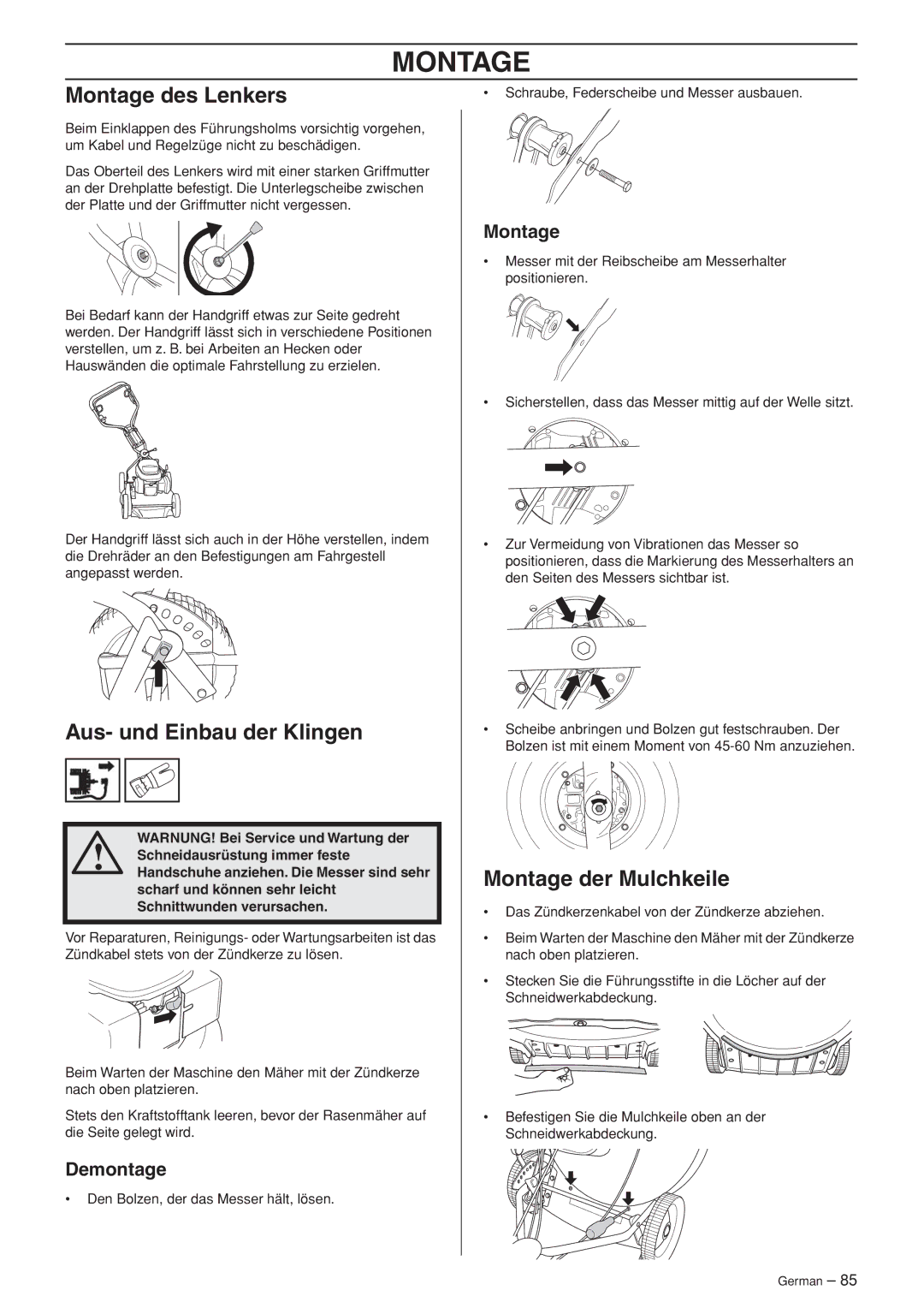 Husqvarna WB53S e, WB48S e Montage des Lenkers, Aus- und Einbau der Klingen, Montage der Mulchkeile, Demontage 