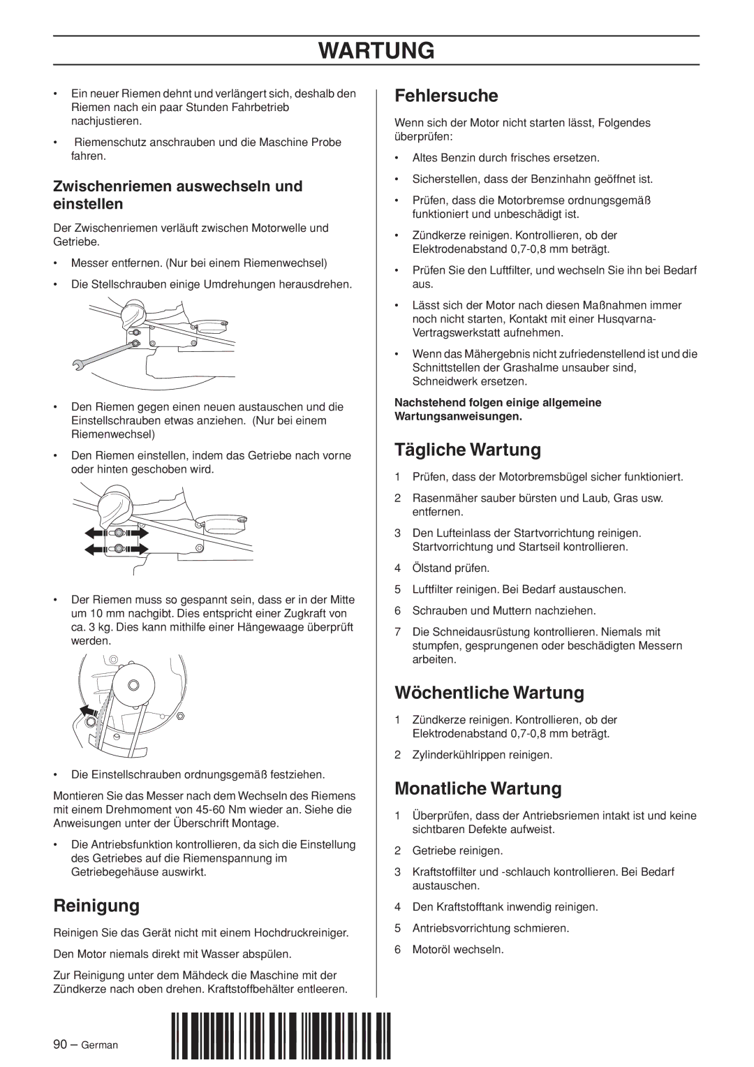 Husqvarna WB53S e, WB48S e Reinigung, Fehlersuche, Tägliche Wartung, Wöchentliche Wartung, Monatliche Wartung 