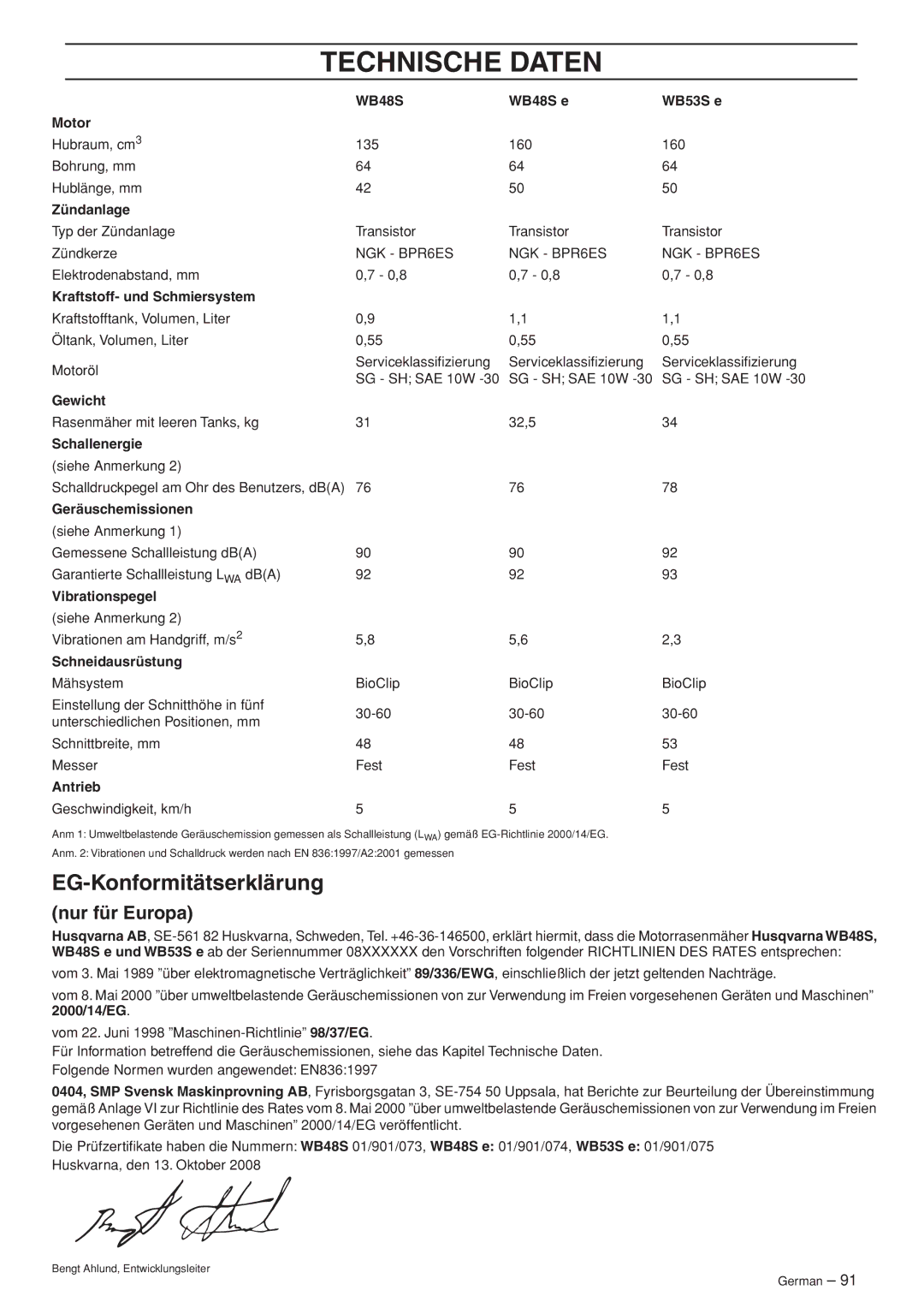 Husqvarna WB53S e, WB48S e manuel dutilisation Technische Daten, EG-Konformitätserklärung, Nur für Europa 