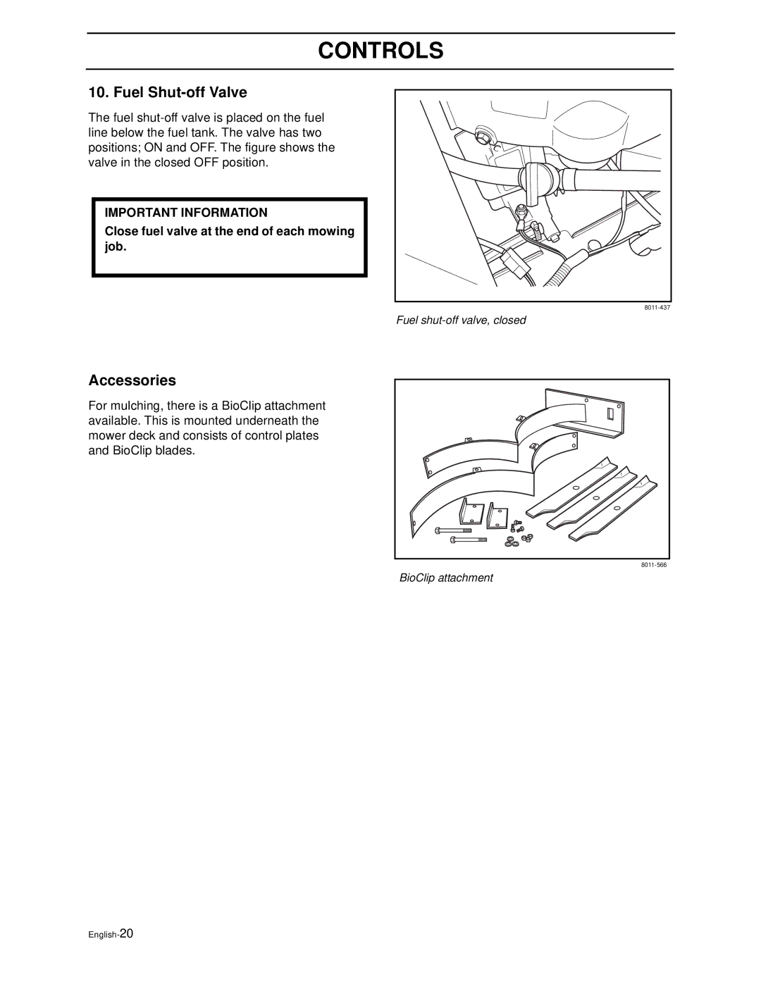 Husqvarna WG4815P/968999278 manual Fuel Shut-off Valve, Accessories, Close fuel valve at the end of each mowing job 