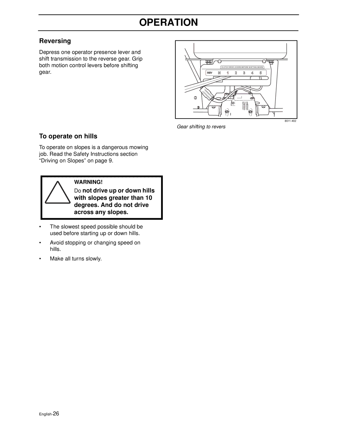 Husqvarna WG4815P/968999278, WG3613P/968999116, WG3213P/968999114 manual Reversing, To operate on hills 