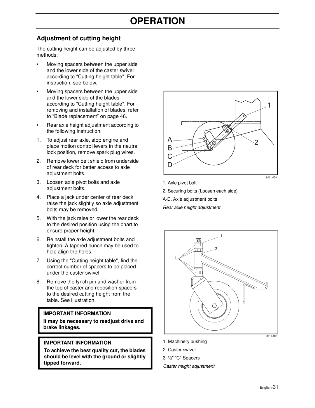 Husqvarna WG3613P/968999116 manual Adjustment of cutting height, It may be necessary to readjust drive and brake linkages 