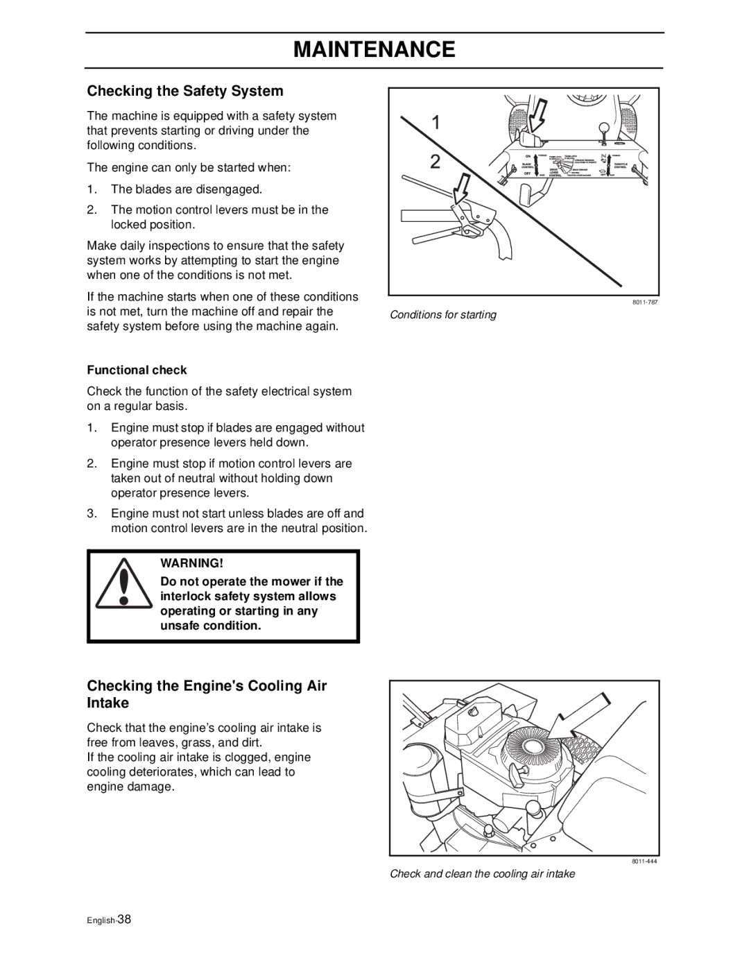 Husqvarna WG4815P/968999278 manual Checking the Safety System, Checking the Engines Cooling Air Intake, Functional check 